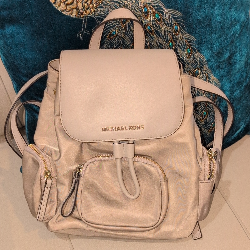 Michael Kors Abby Cargo Backpack In Light Beige With Leather Trim